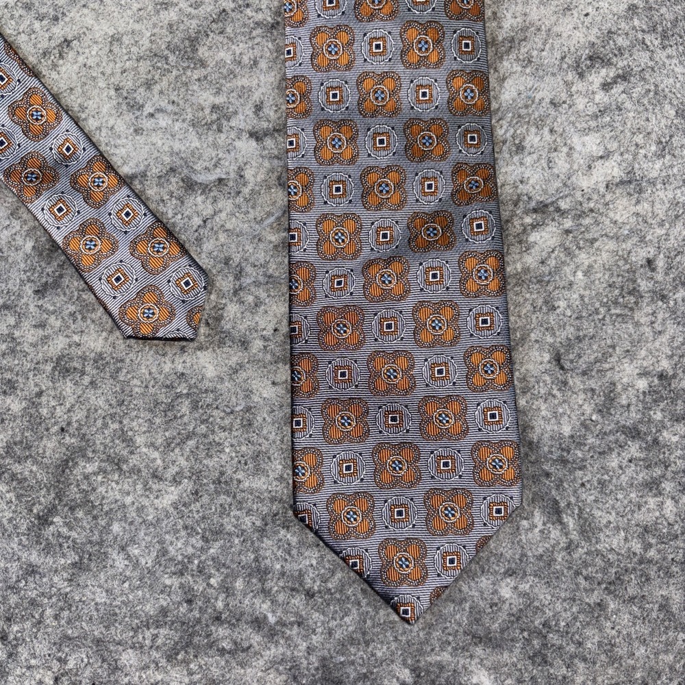 Jos. A. Bank Signature Men's Golden Gray & Orange‎ Floral Geo 100% Silk Necktie